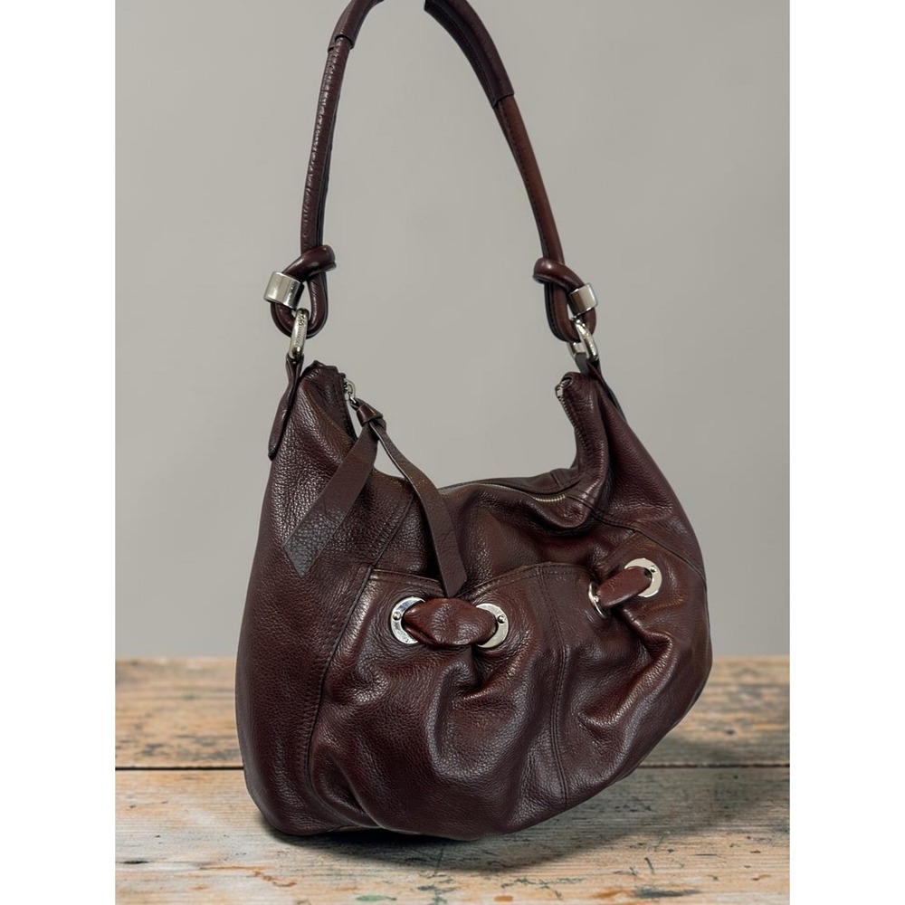 B. Makowsky Espresso Brown Pebbled Leather Hobo Bag Silver Hardware Western Boho - Picture 16 of 16